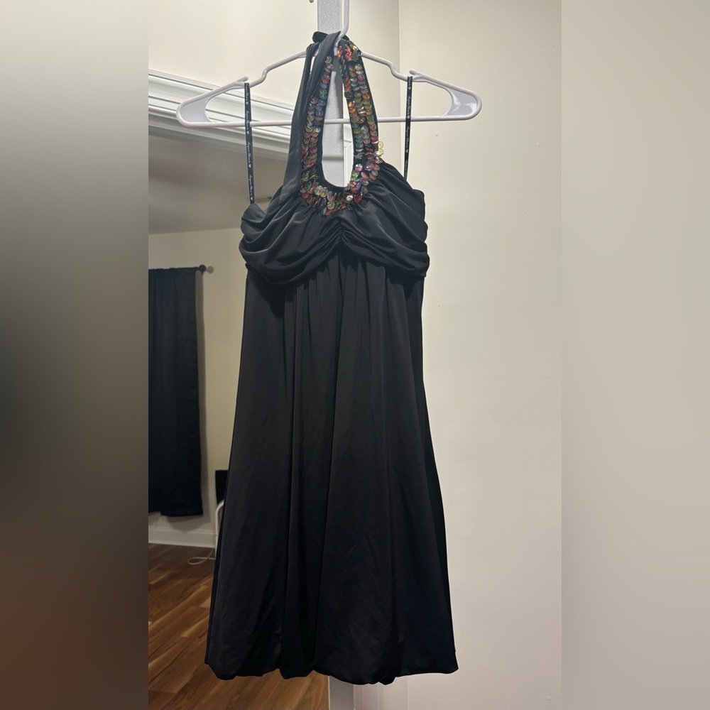 Sequin Hearts Black Strapless Evening Dress with Multicolor Sequin Neckline
